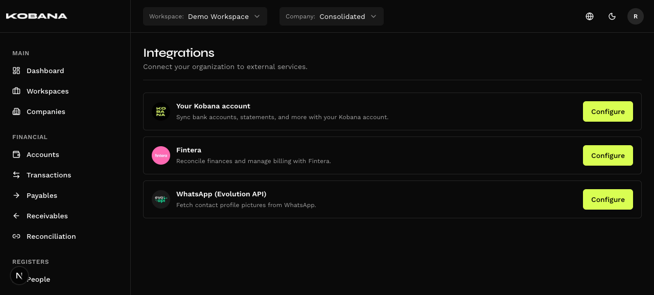 Integrations screen
