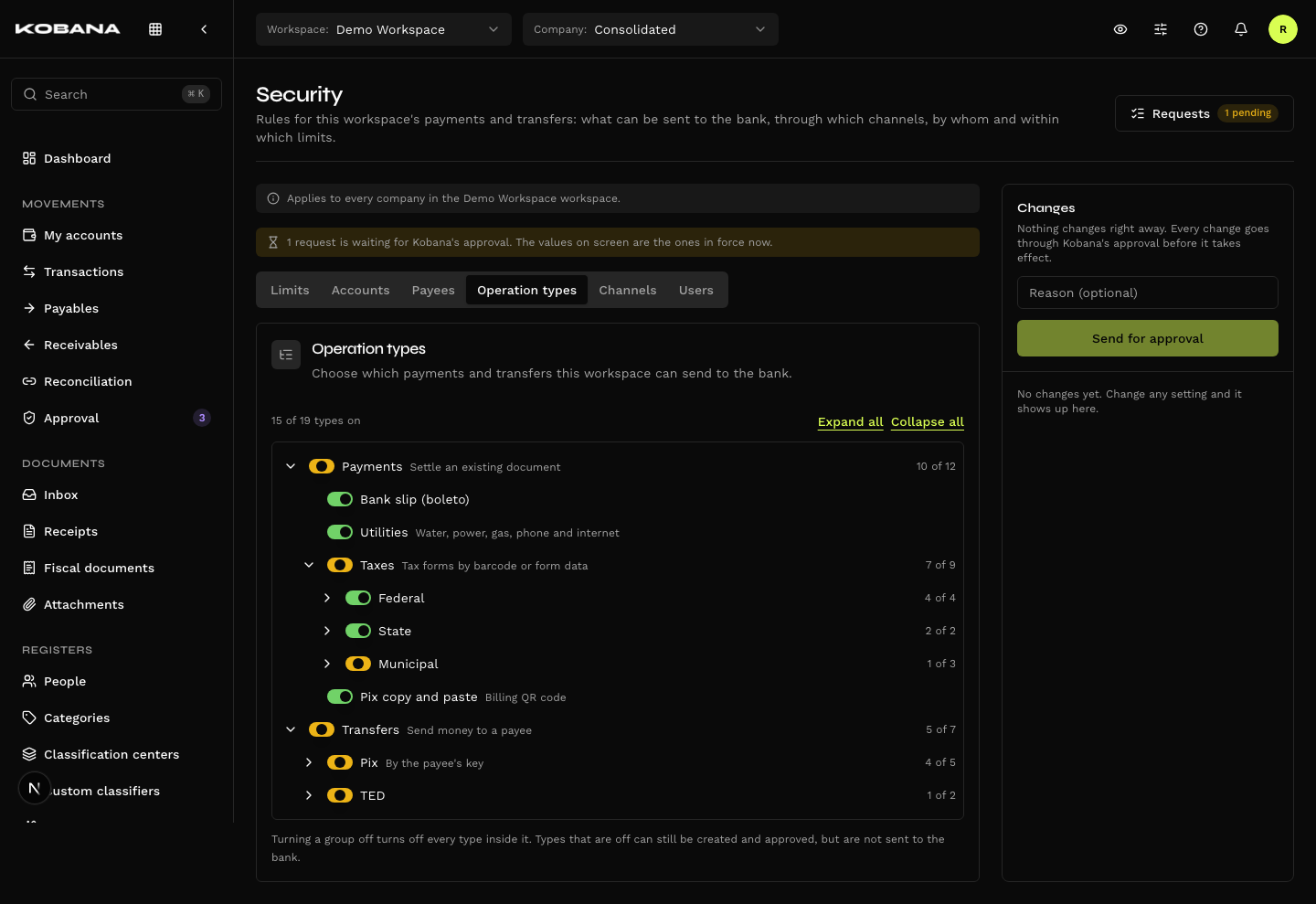 Operation types tab