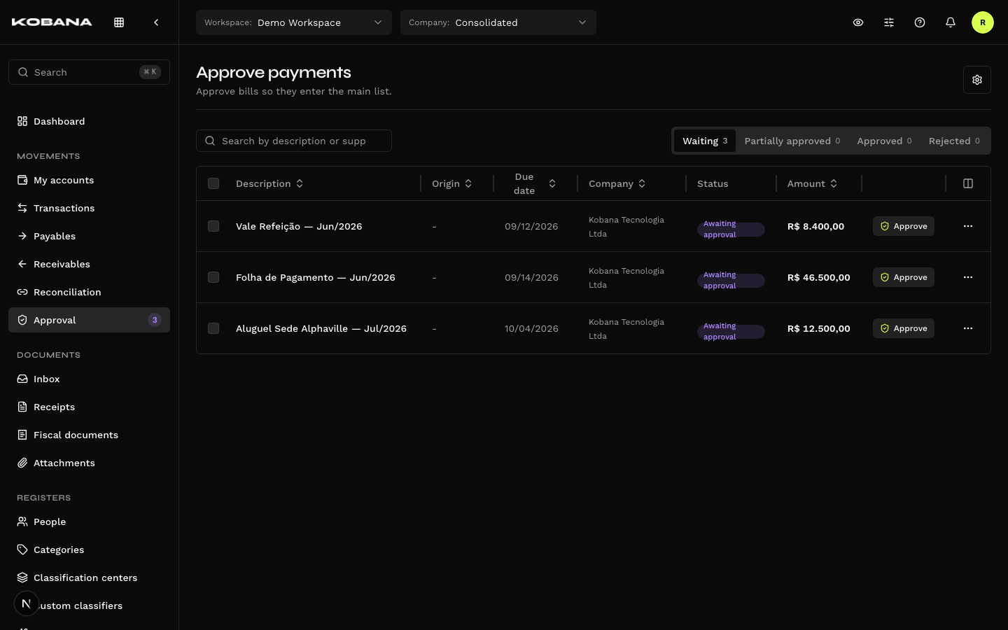 Payment approval screen
