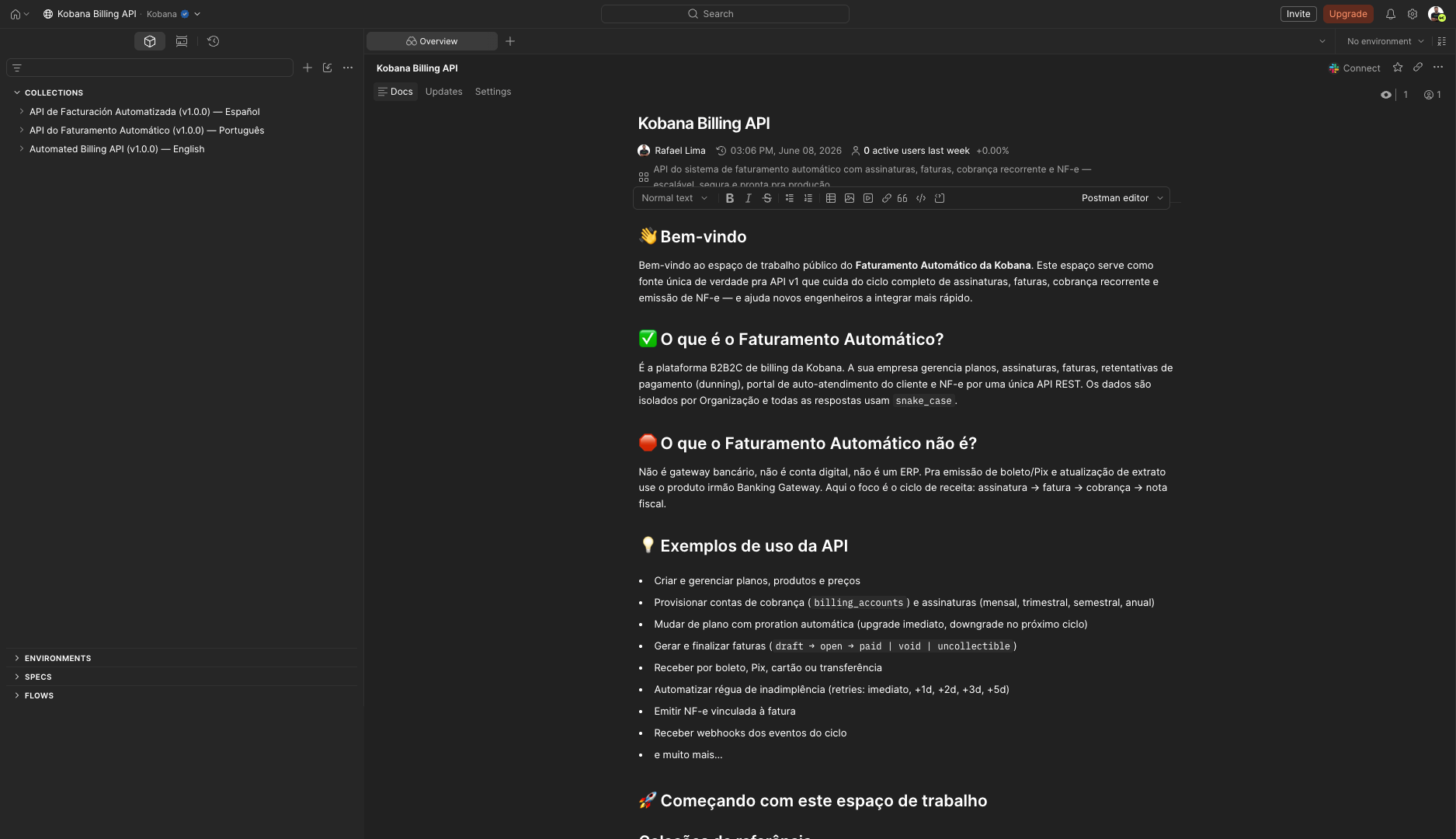 Kobana Billing API workspace on Postman