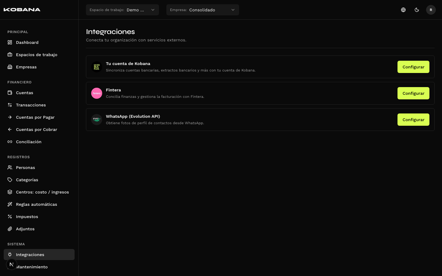 Pantalla de integraciones