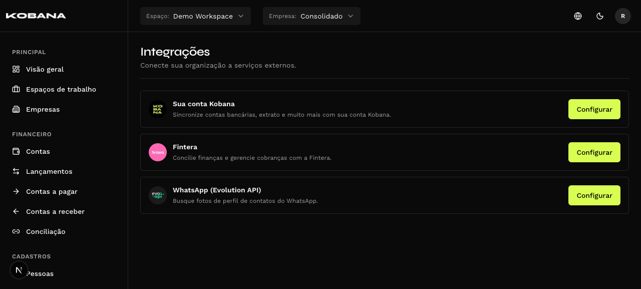 Tela de integrações