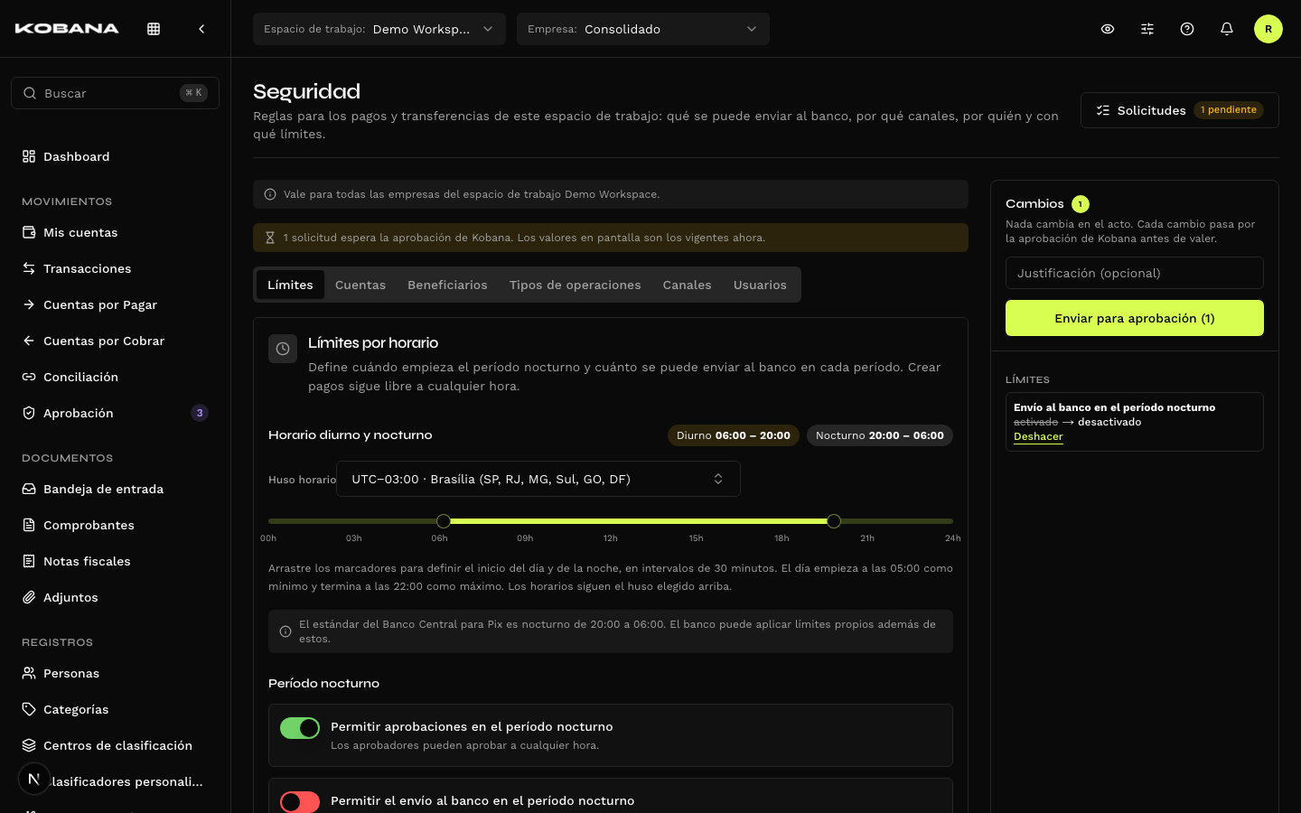 Barra de cambios con un cambio listo para enviar