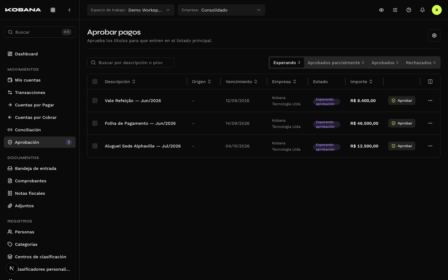 Pantalla de aprobación de pagos