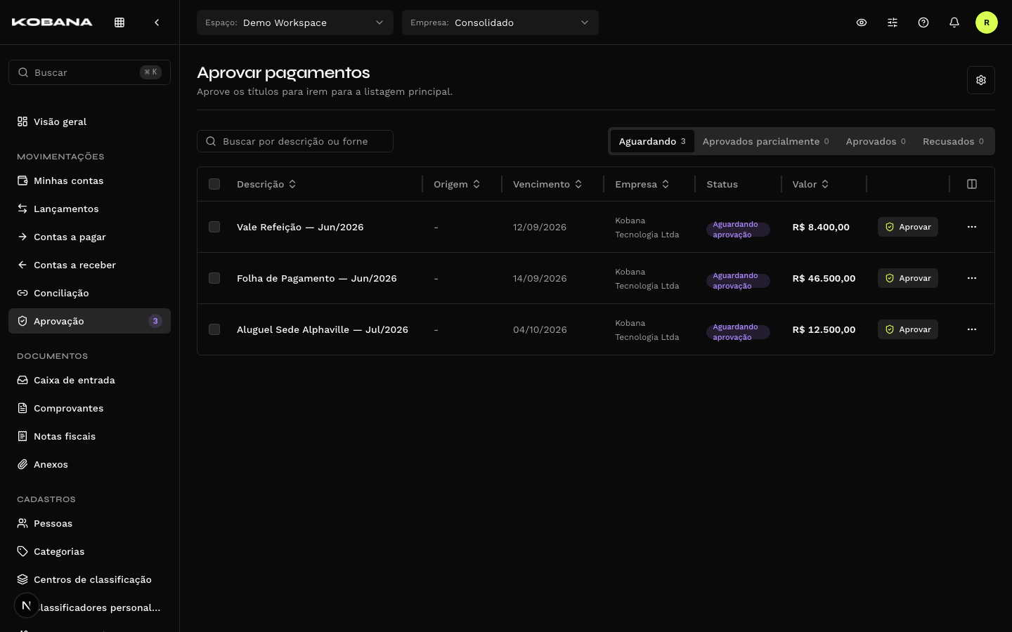 Tela de aprovação de pagamentos