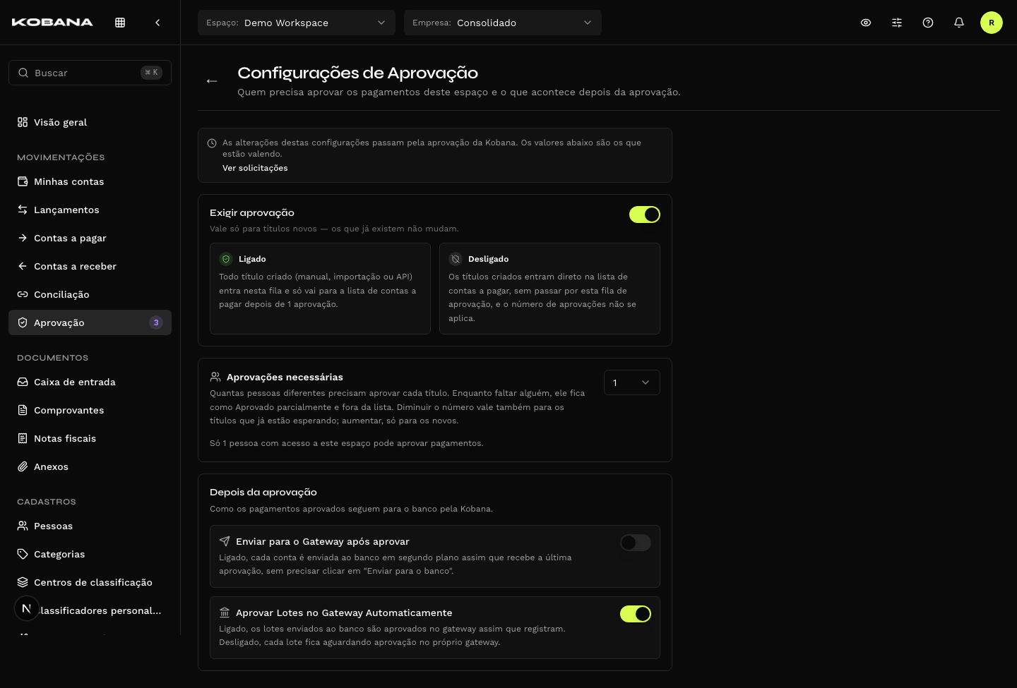 Configurações de aprovação
